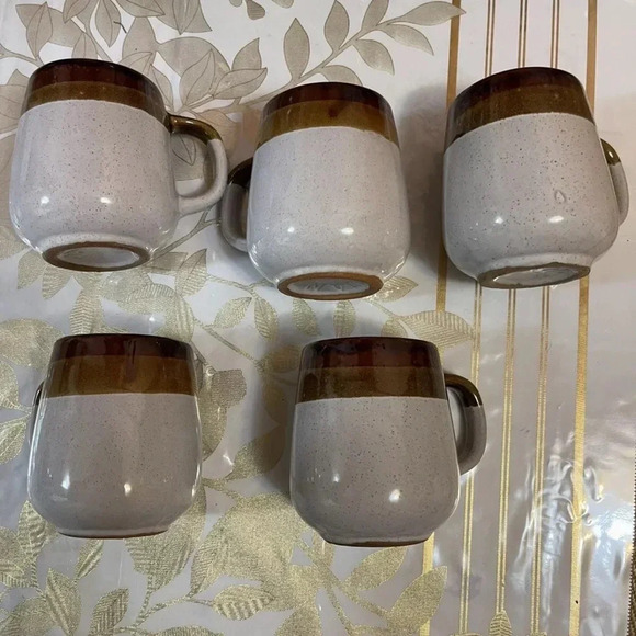 VINTAGE Set Of 5  Old Clay Pottery Mugs/ Cups Glazed Beige Brown Handmade Taiwan - Picture 4 of 7